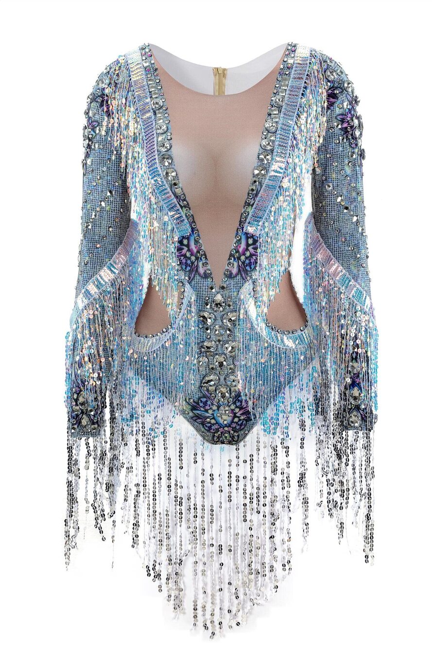 8970 Silver Glitter Rhinestone Drag Queen Bodysuit Sexy Sequin Costumes